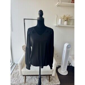 Adrianna Papell Black Ruffle Polka Dot Long Sheer Sleeve Blouse Size Medium